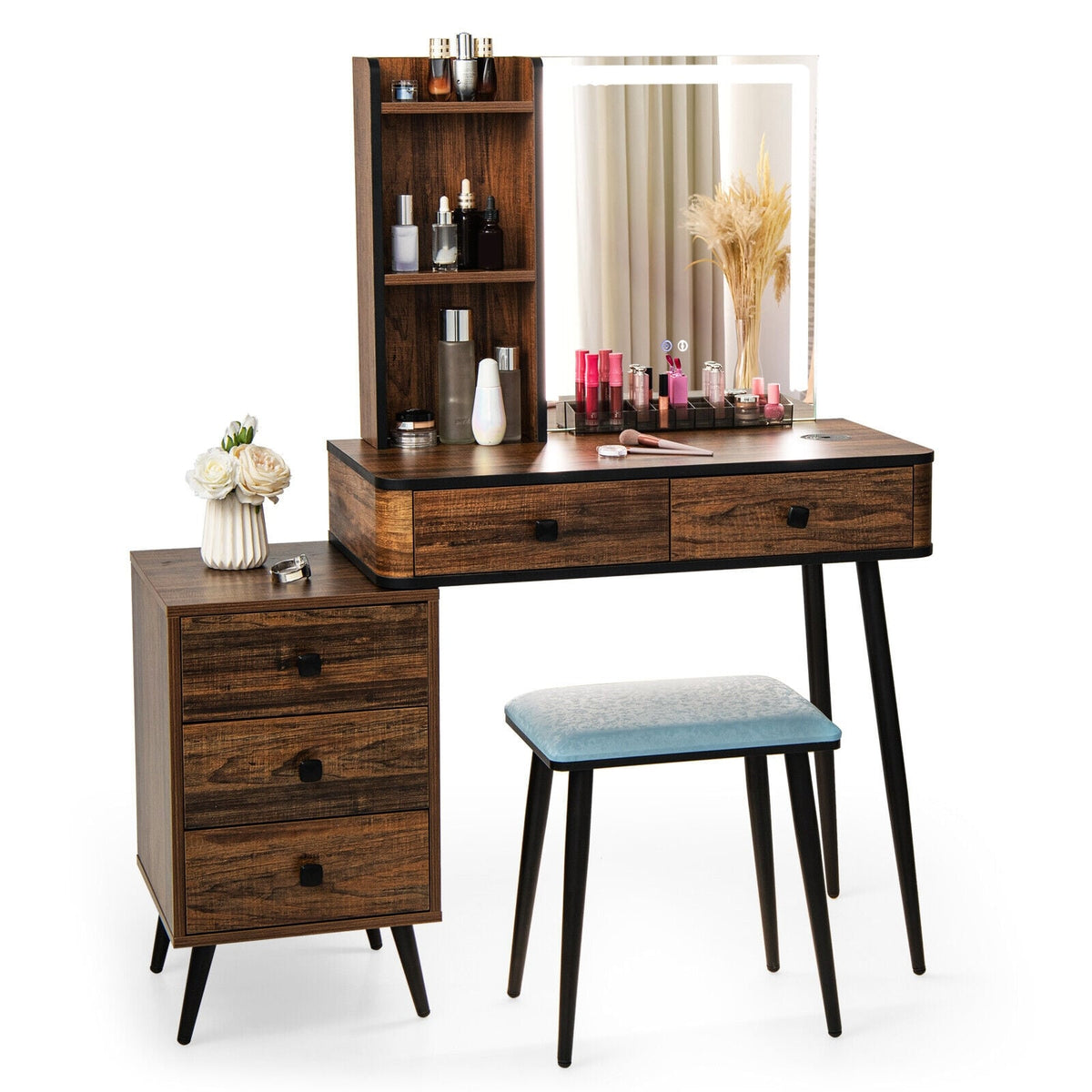 Vanity Makeup Table Set with Lighted Mirror-Brown-Makeup Vanities-DECOROLALA