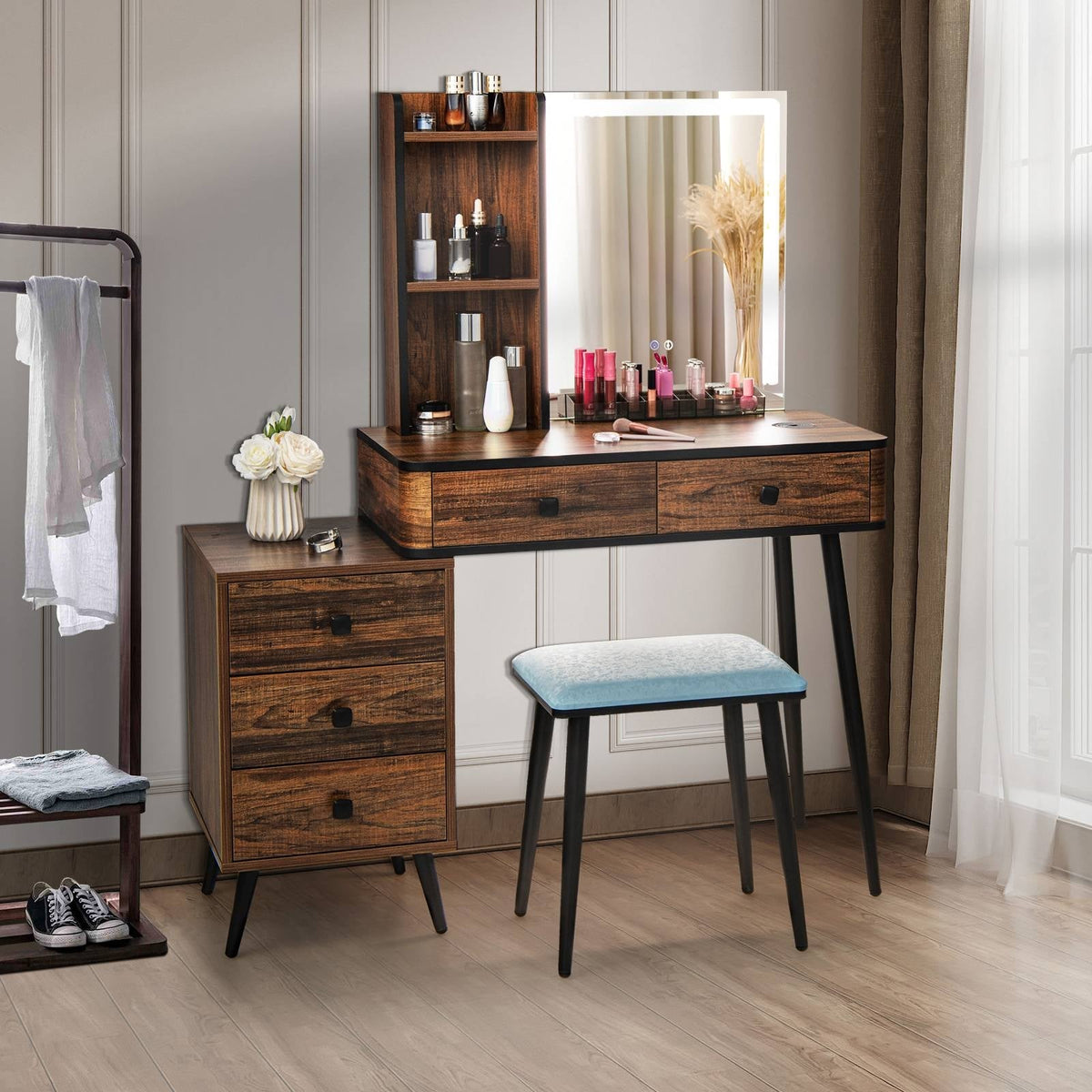 Vanity Makeup Table Set with Lighted Mirror-Brown-Makeup Vanities-DECOROLALA