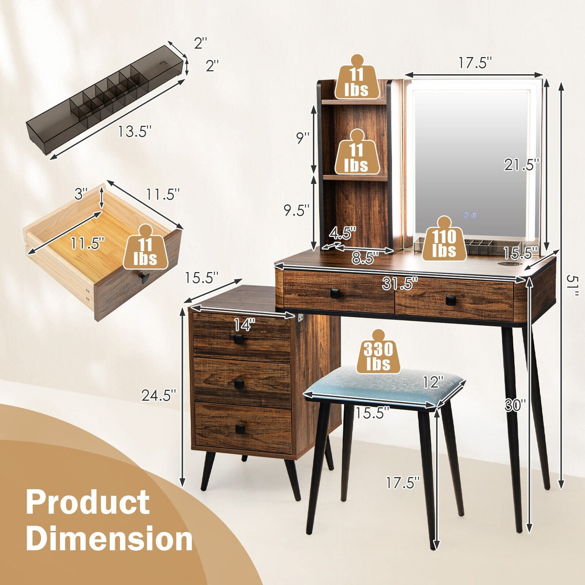 Vanity Makeup Table Set with Lighted Mirror-Brown-Makeup Vanities-DECOROLALA