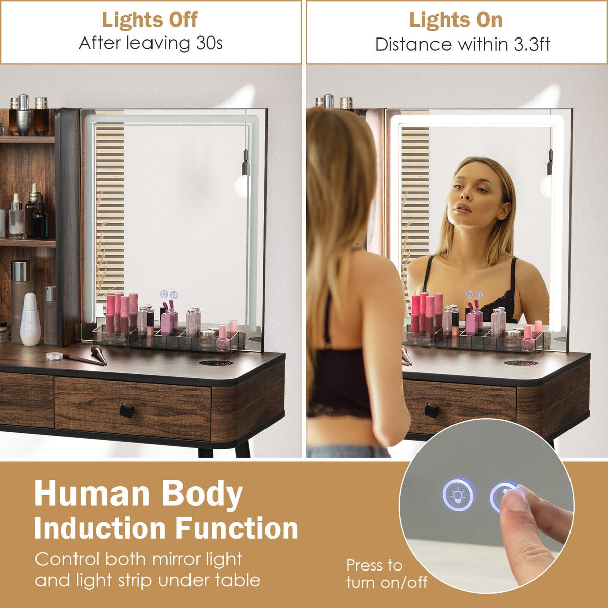 Vanity Makeup Table Set with Lighted Mirror-Brown-Makeup Vanities-DECOROLALA