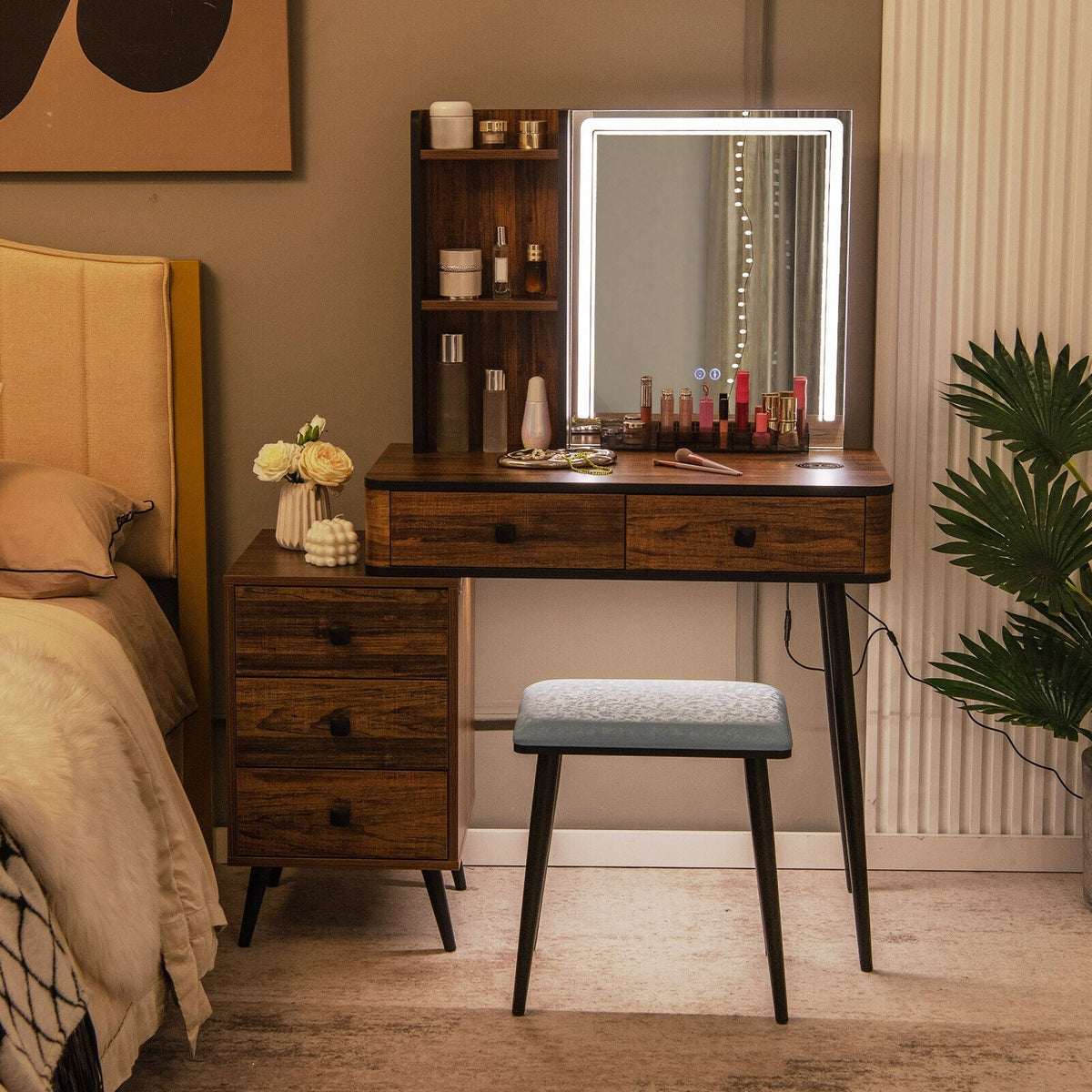 Vanity Makeup Table Set with Lighted Mirror-Brown-Makeup Vanities-DECOROLALA