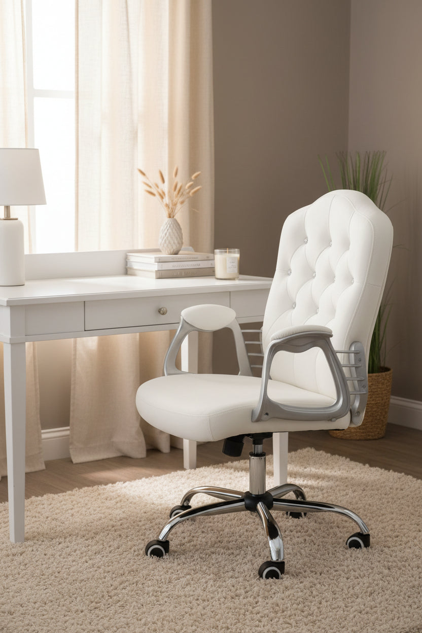 Vanity Office Chair - Off-White Velvet Tufted Desk Chair-Office Products > Office Furniture > Office Chairs > Task Chairs-DECOROLALA
