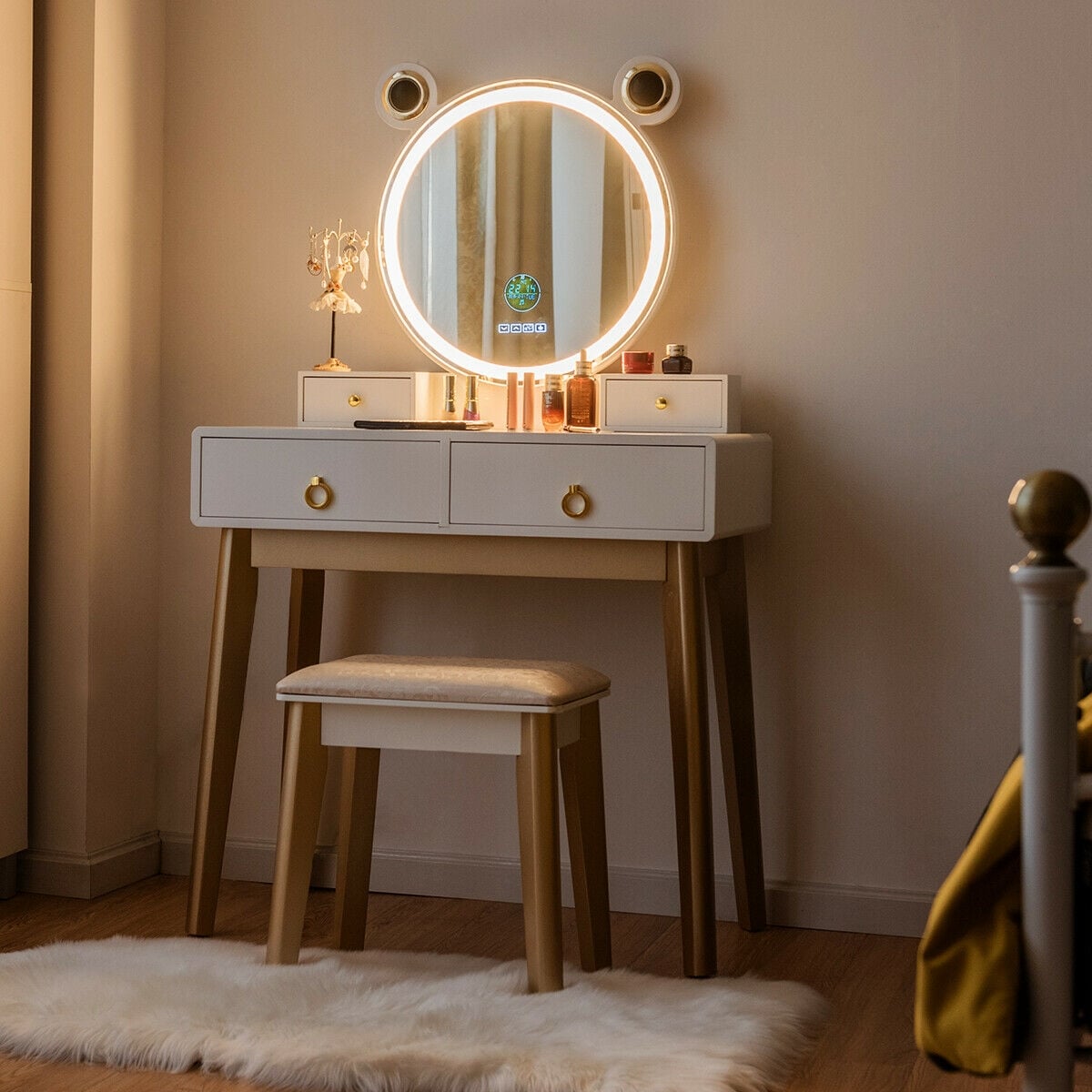 Vanity Set with 3-Color Lighted Touch Screen Dimming Mirror and 4 Drawers-Makeup Vanities-DECOROLALA