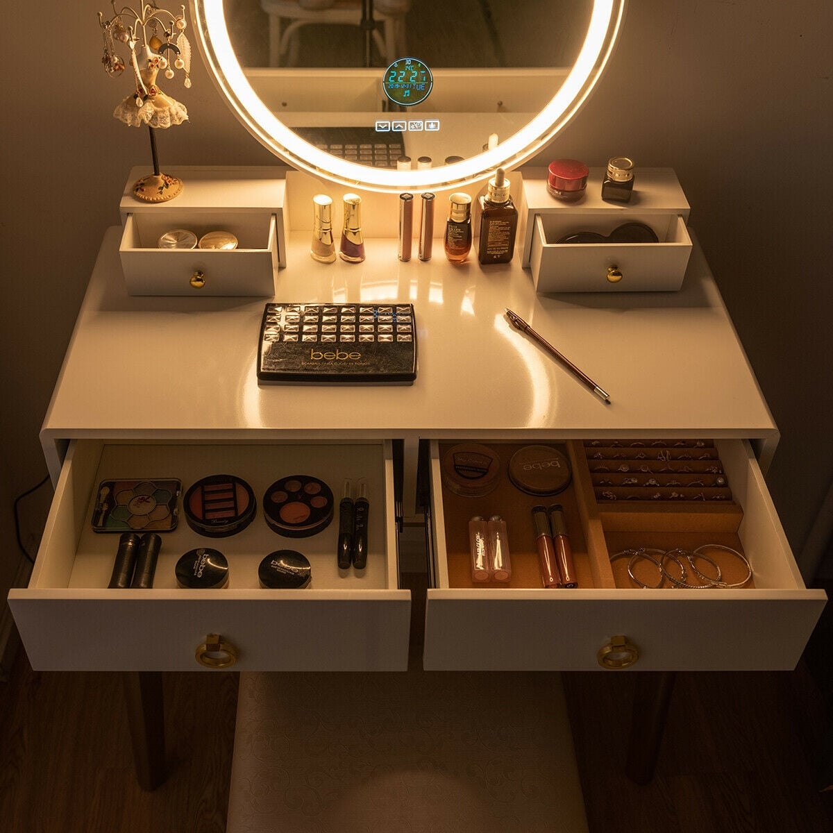 Vanity Set with 3-Color Lighted Touch Screen Dimming Mirror and 4 Drawers-Makeup Vanities-DECOROLALA