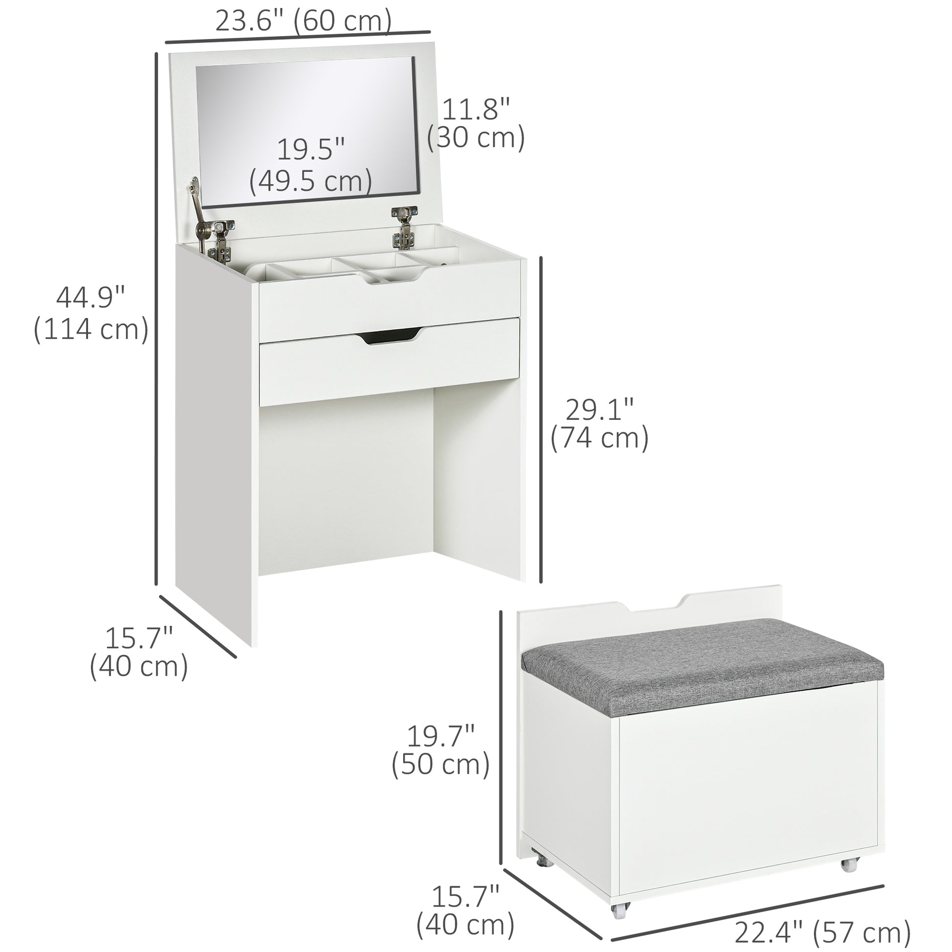 Vanity Set with Flip Top Mirror and Stool - White-DECOROLALA