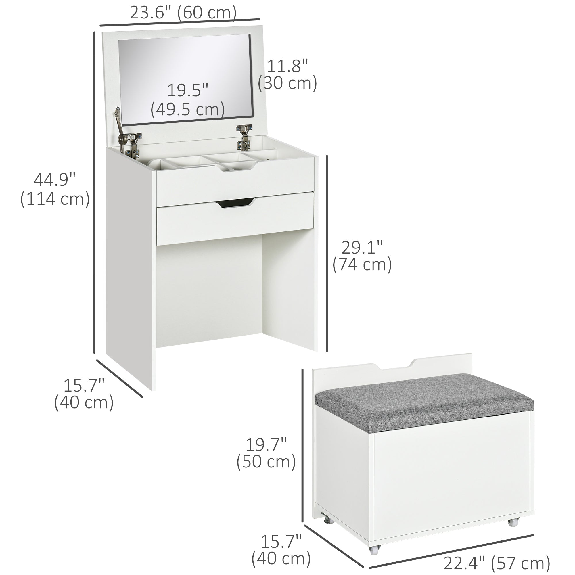 Vanity Set with Flip Top Mirror and Stool - White-DECOROLALA