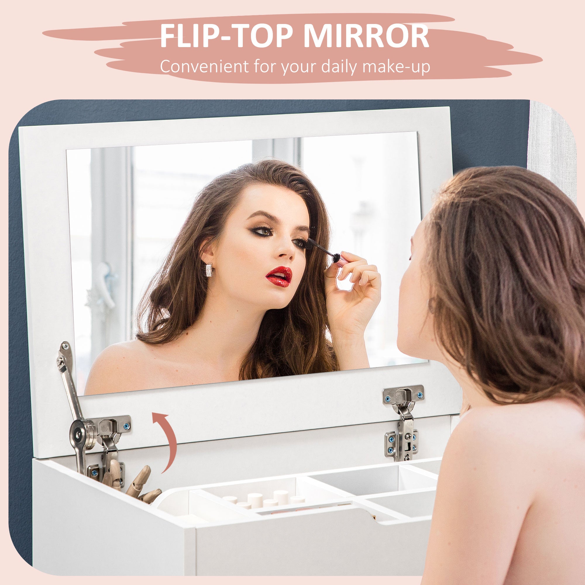 Vanity Set with Flip Top Mirror and Stool - White-DECOROLALA