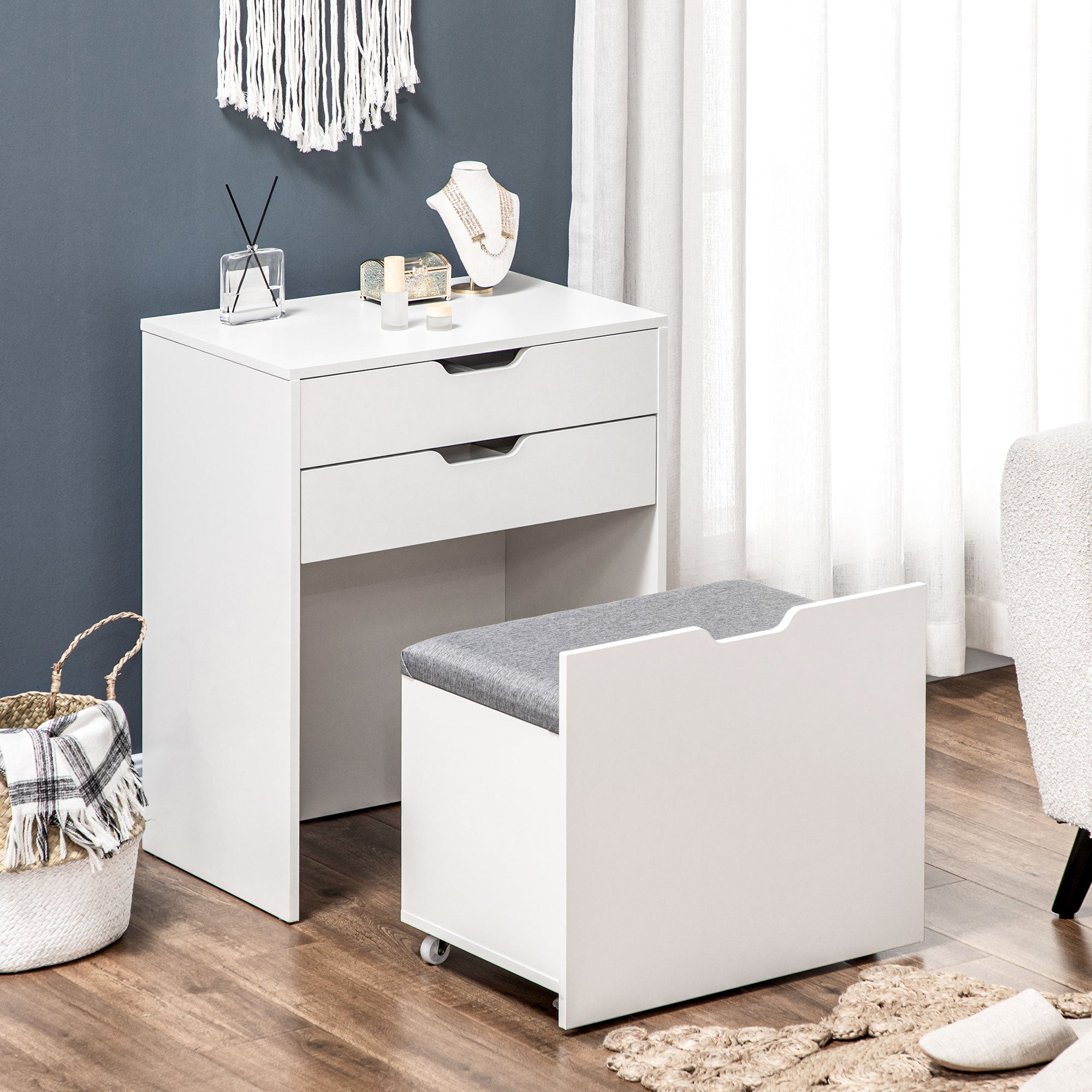 Vanity Set with Flip Top Mirror and Stool - White-DECOROLALA