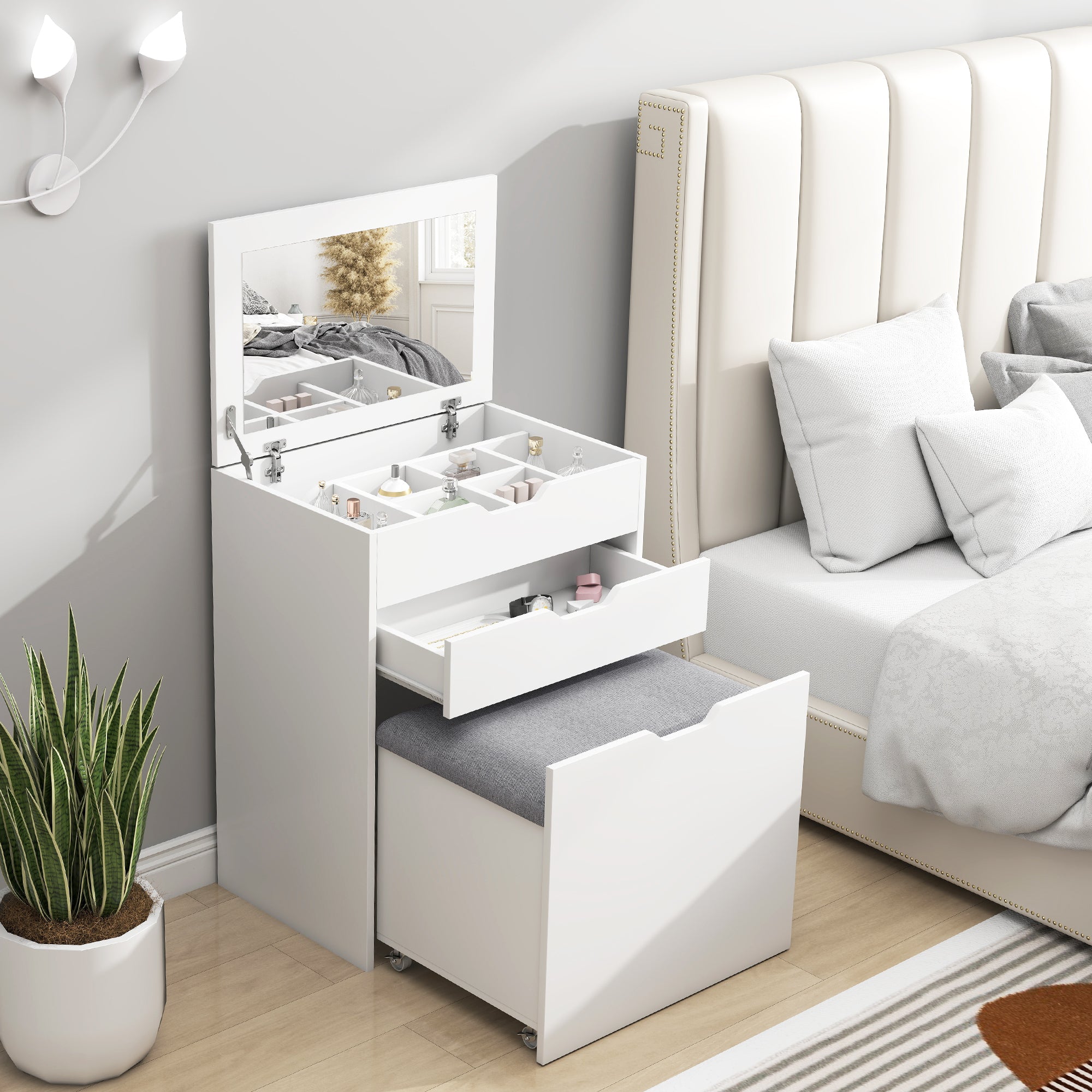 Vanity Set with Flip Top Mirror and Stool - White-DECOROLALA