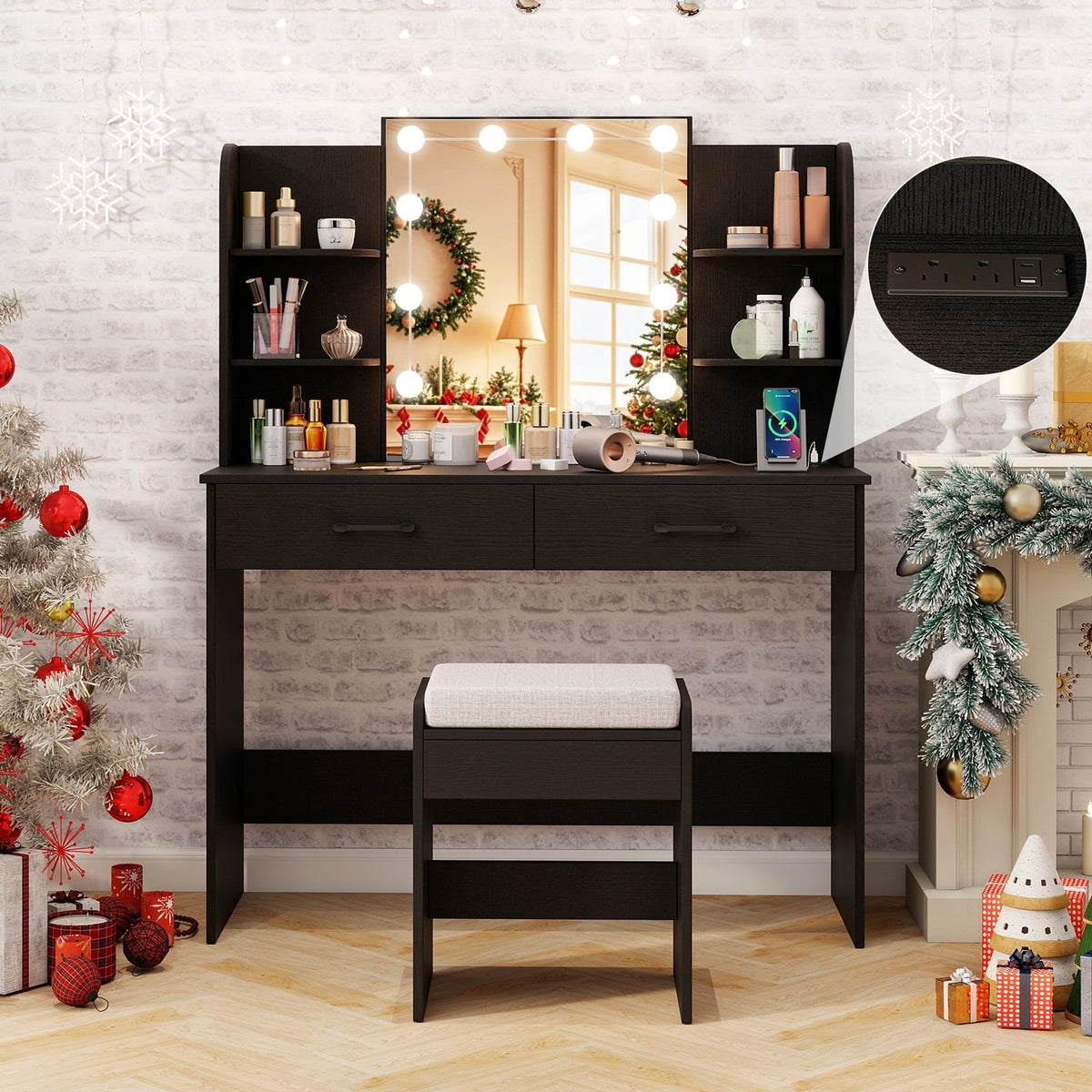 Vanity Set with Lighted Mirror and Stool with Power Outlet-Black-Makeup Vanities-DECOROLALA