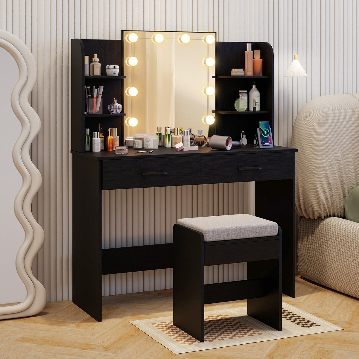 Vanity Set with Lighted Mirror and Stool with Power Outlet-Black-Makeup Vanities-DECOROLALA