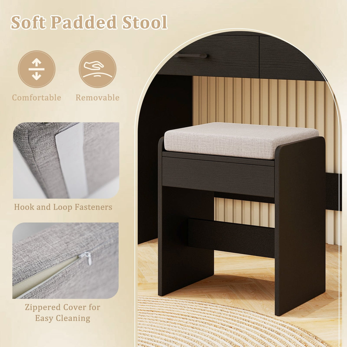 Vanity Set with Lighted Mirror and Stool with Power Outlet-Black-Makeup Vanities-DECOROLALA