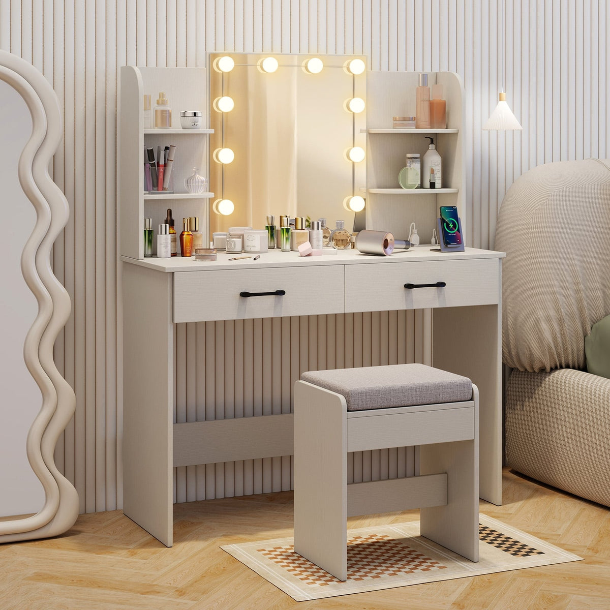 Vanity Set with Lighted Mirror and Stool with Power Outlet-White-Makeup Vanities-DECOROLALA