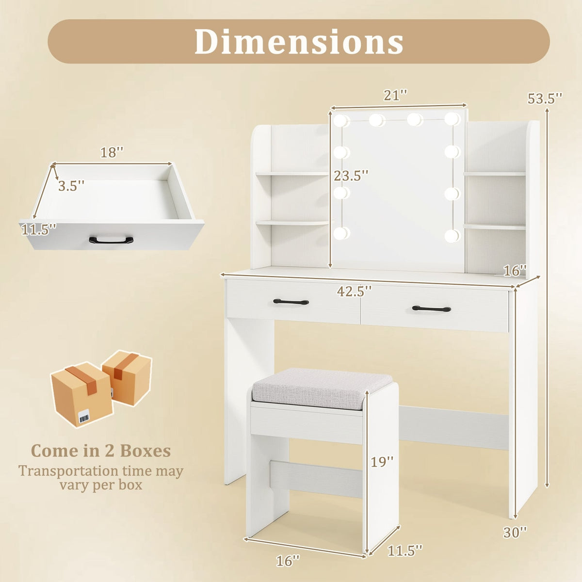 Vanity Set with Lighted Mirror and Stool with Power Outlet-White-Makeup Vanities-DECOROLALA