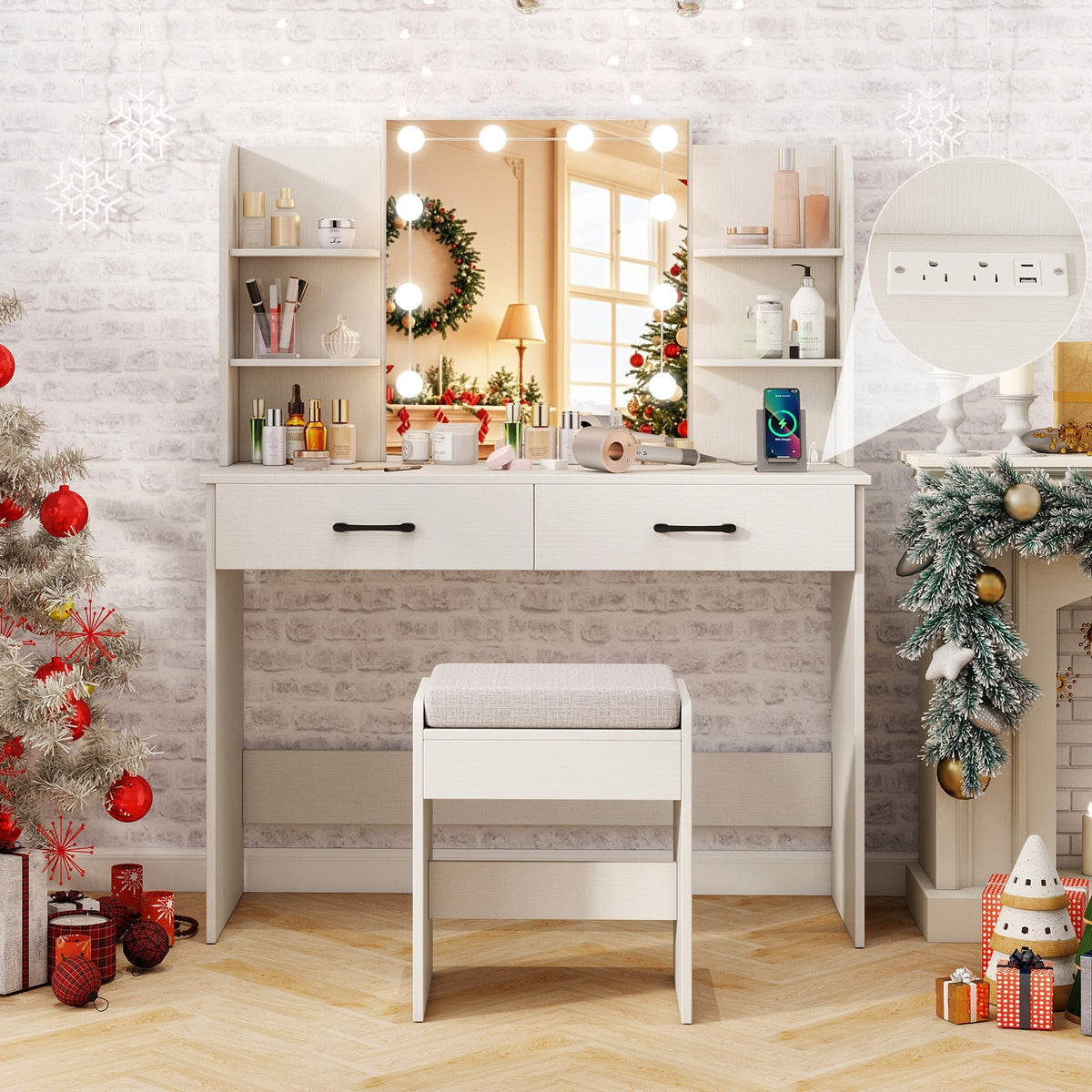 Vanity Set with Lighted Mirror and Stool with Power Outlet-White-Makeup Vanities-DECOROLALA