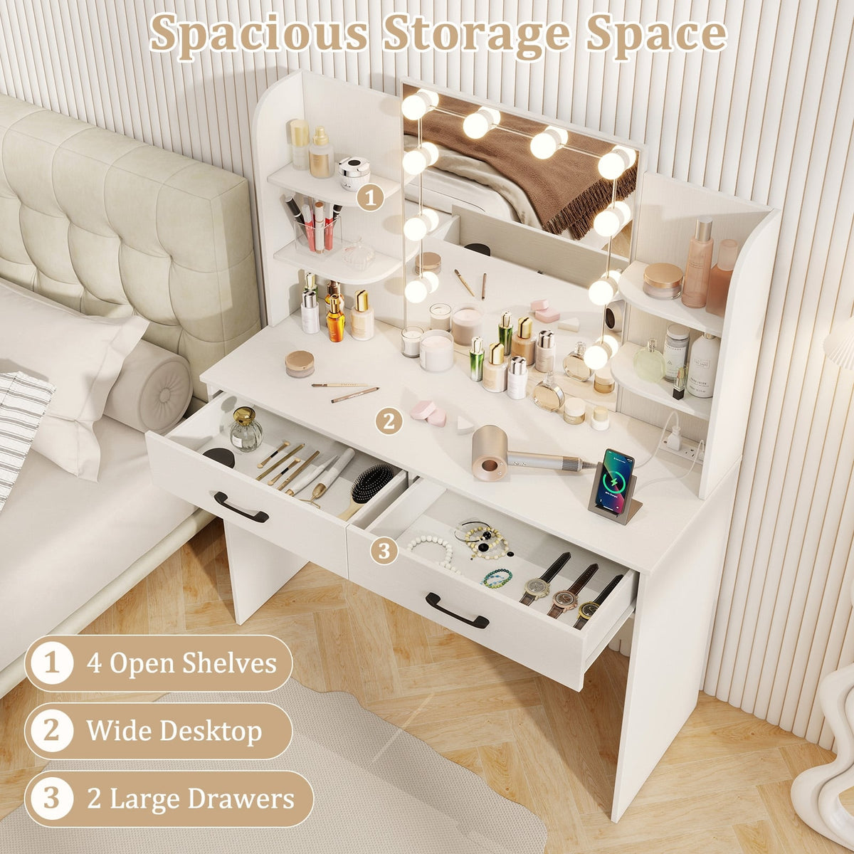 Vanity Set with Lighted Mirror and Stool with Power Outlet-White-Makeup Vanities-DECOROLALA