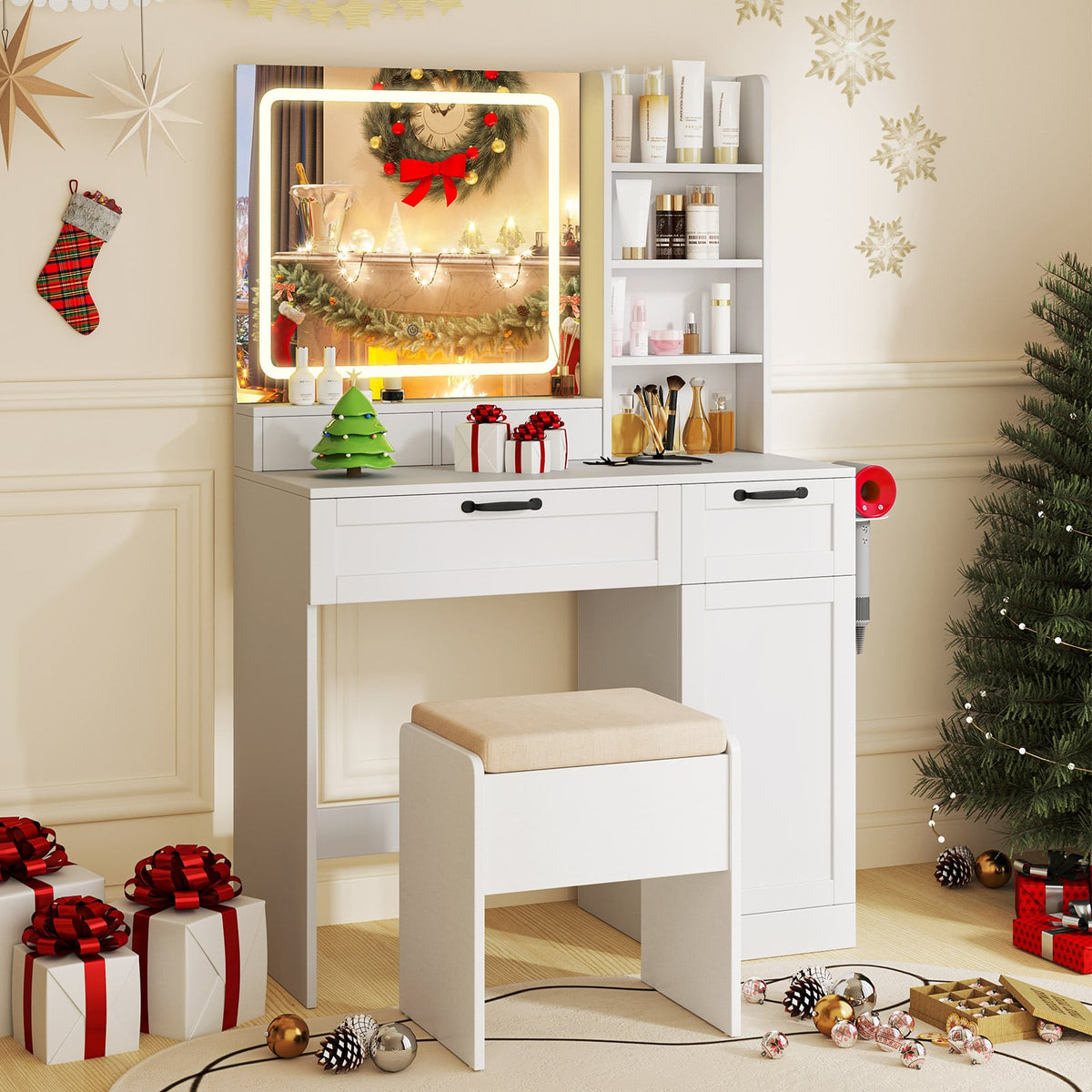 Vanity Set with Mirror and 3 Lighting Modes and Adjustable Brightness-White-Makeup Vanities-DECOROLALA