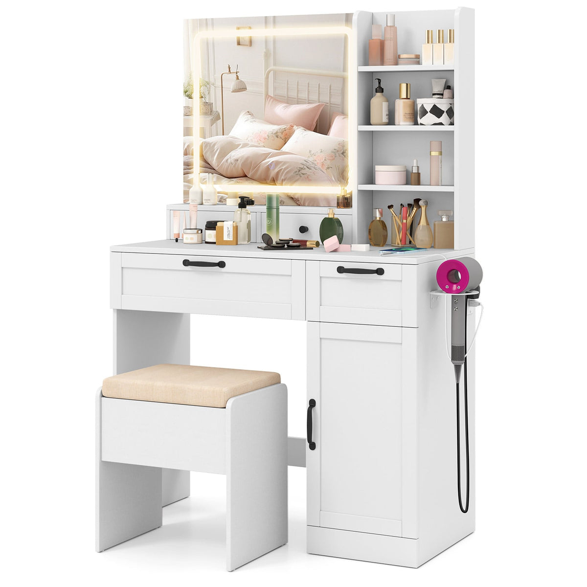 Vanity Set with Mirror and 3 Lighting Modes and Adjustable Brightness-White-Makeup Vanities-DECOROLALA