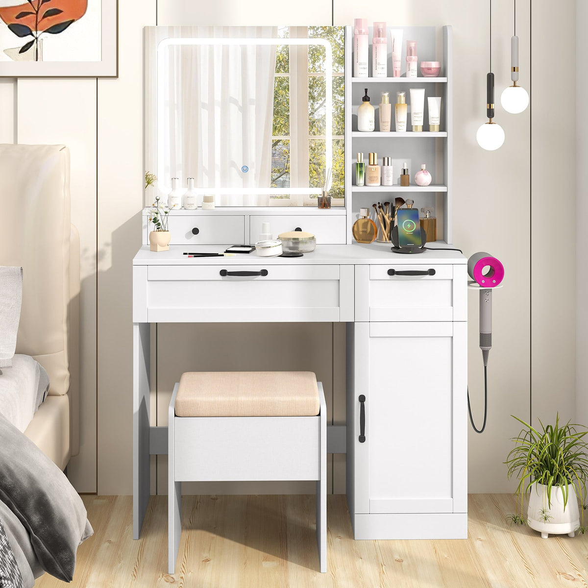 Vanity Set with Mirror and 3 Lighting Modes and Adjustable Brightness-White-Makeup Vanities-DECOROLALA