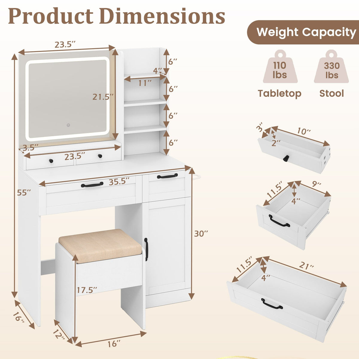 Vanity Set with Mirror and 3 Lighting Modes and Adjustable Brightness-White-Makeup Vanities-DECOROLALA