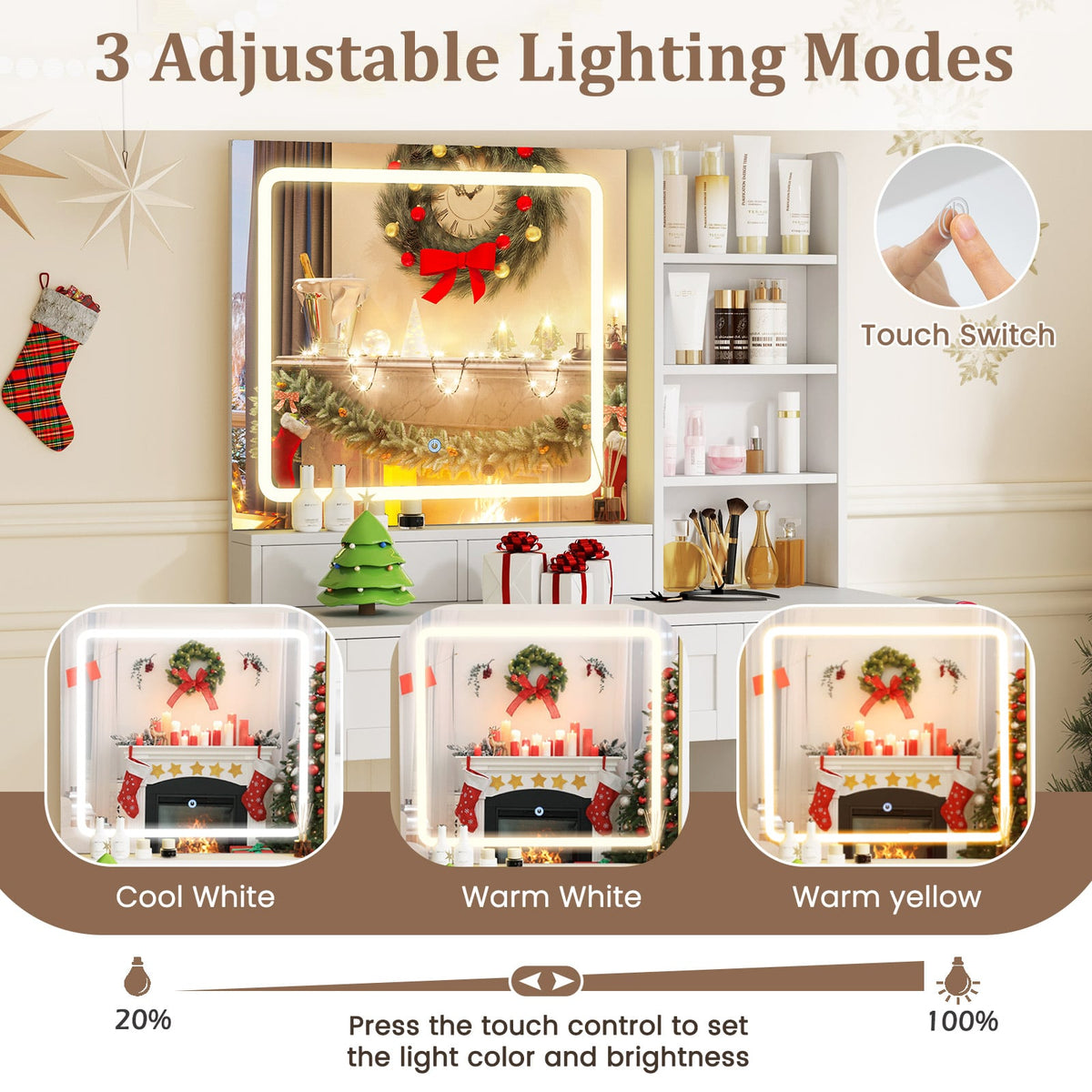 Vanity Set with Mirror and 3 Lighting Modes and Adjustable Brightness-White-Makeup Vanities-DECOROLALA