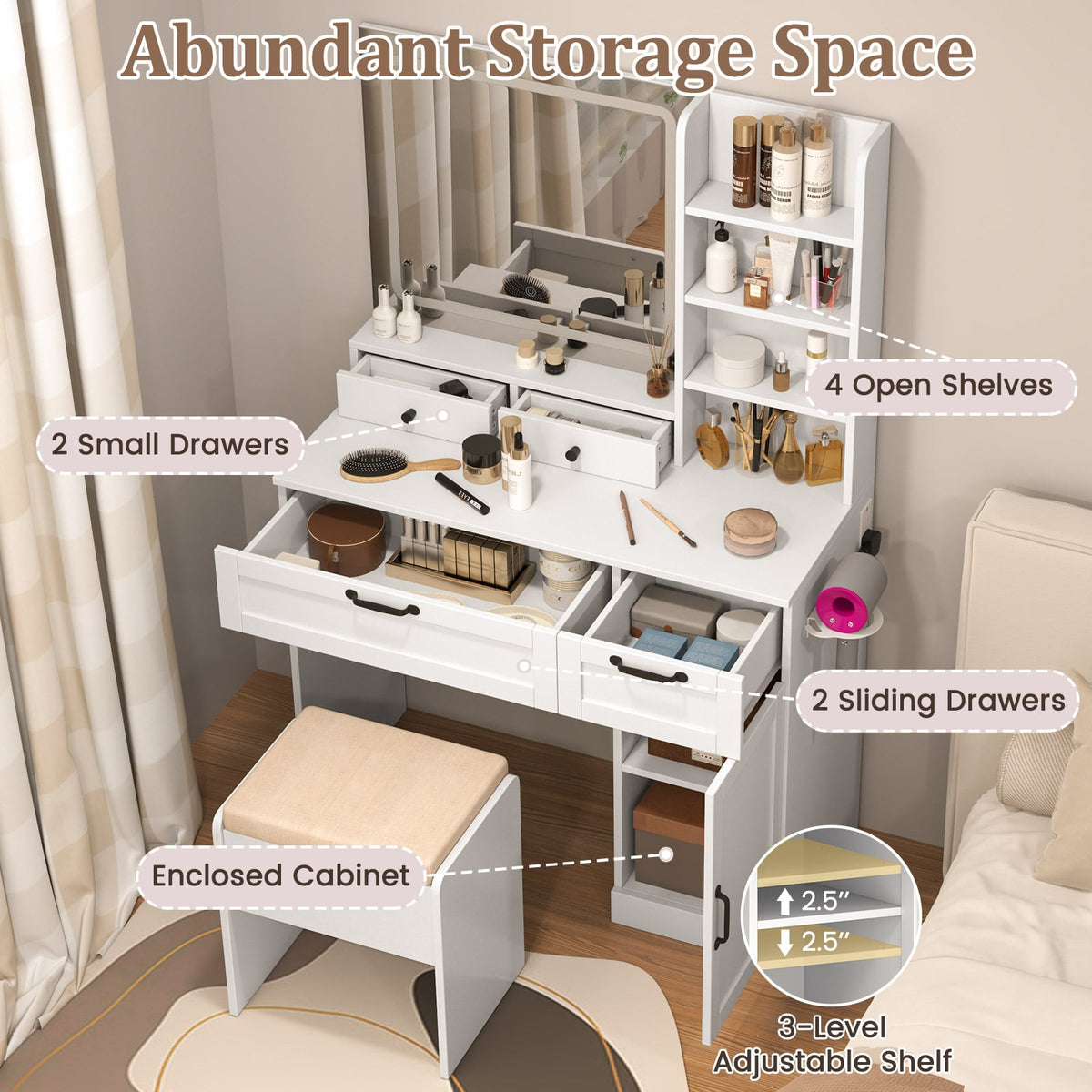 Vanity Set with Mirror and 3 Lighting Modes and Adjustable Brightness-White-Makeup Vanities-DECOROLALA