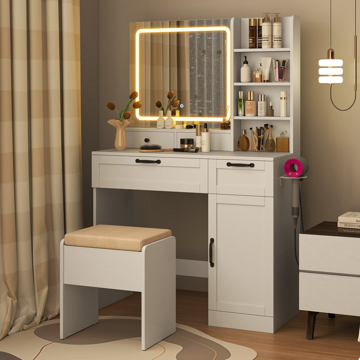 Vanity Set with Mirror and 3 Lighting Modes and Adjustable Brightness-White-Makeup Vanities-DECOROLALA