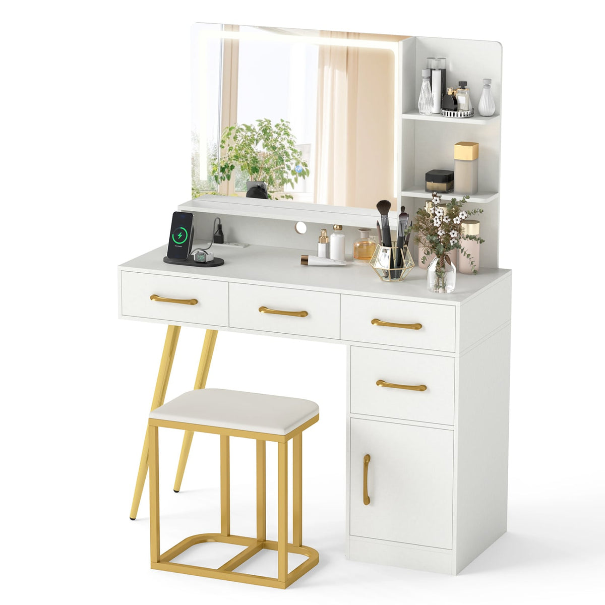 Vanity Set with Mirror and Lights and Table with Adjustable Brightness-White-Makeup Vanities-DECOROLALA