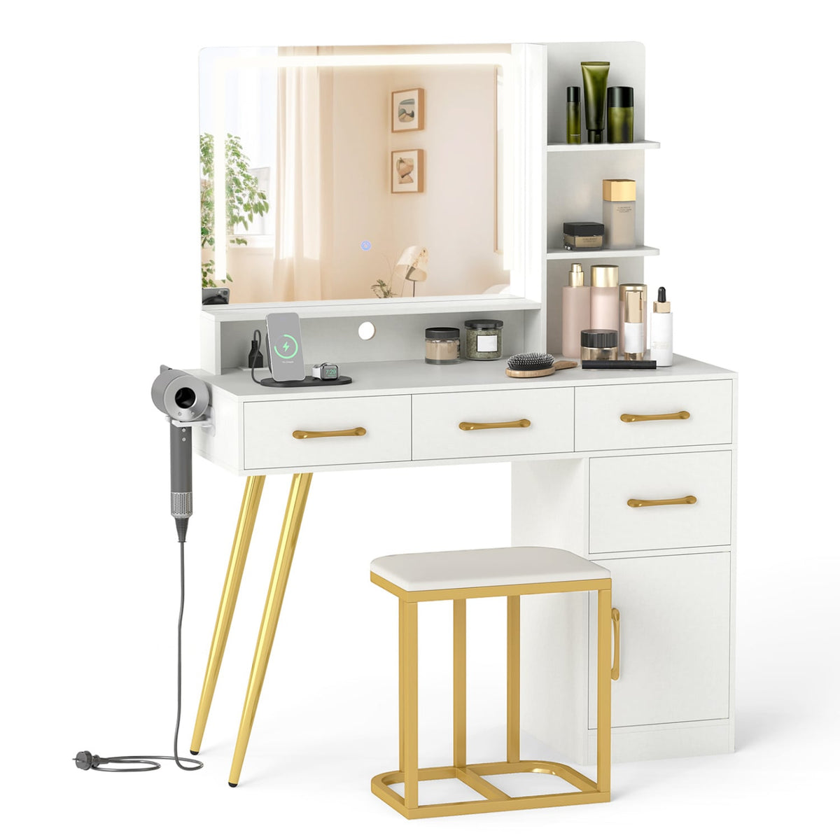 Vanity Set with Mirror and Lights and Table with Adjustable Brightness-White-Makeup Vanities-DECOROLALA