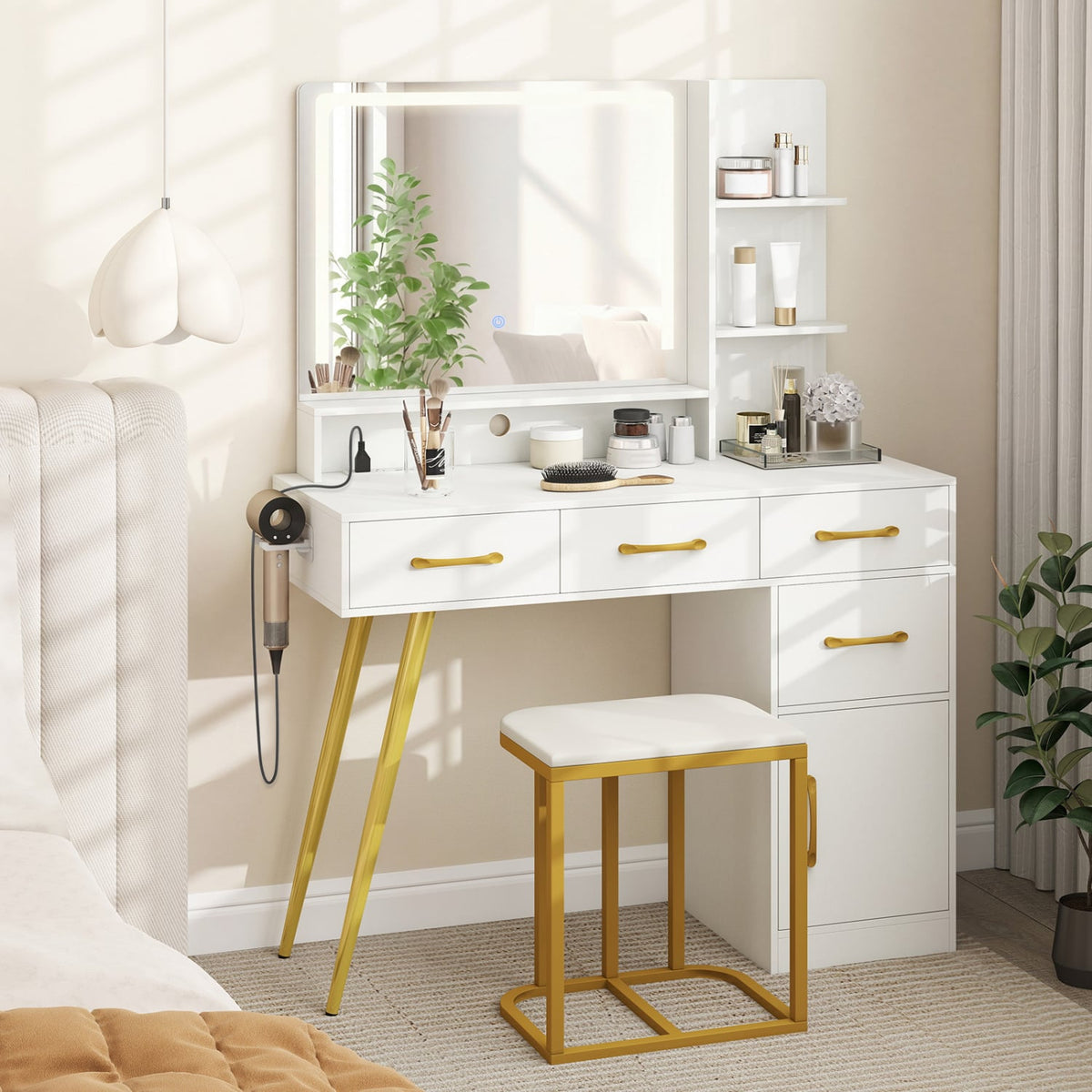 Vanity Set with Mirror and Lights and Table with Adjustable Brightness-White-Makeup Vanities-DECOROLALA