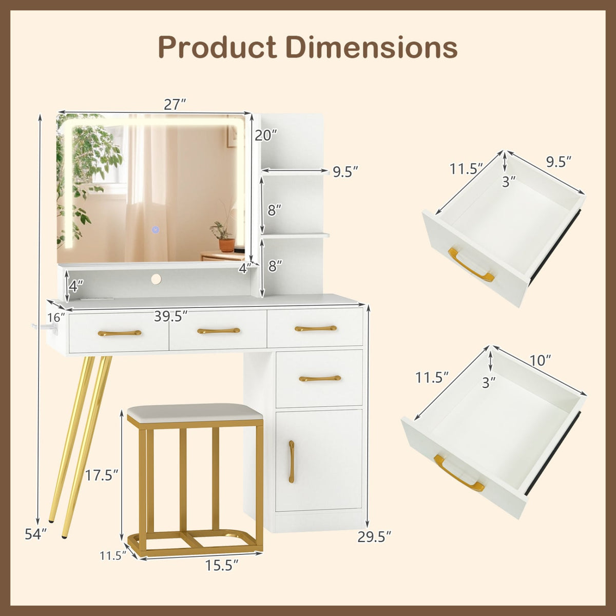 Vanity Set with Mirror and Lights and Table with Adjustable Brightness-White-Makeup Vanities-DECOROLALA