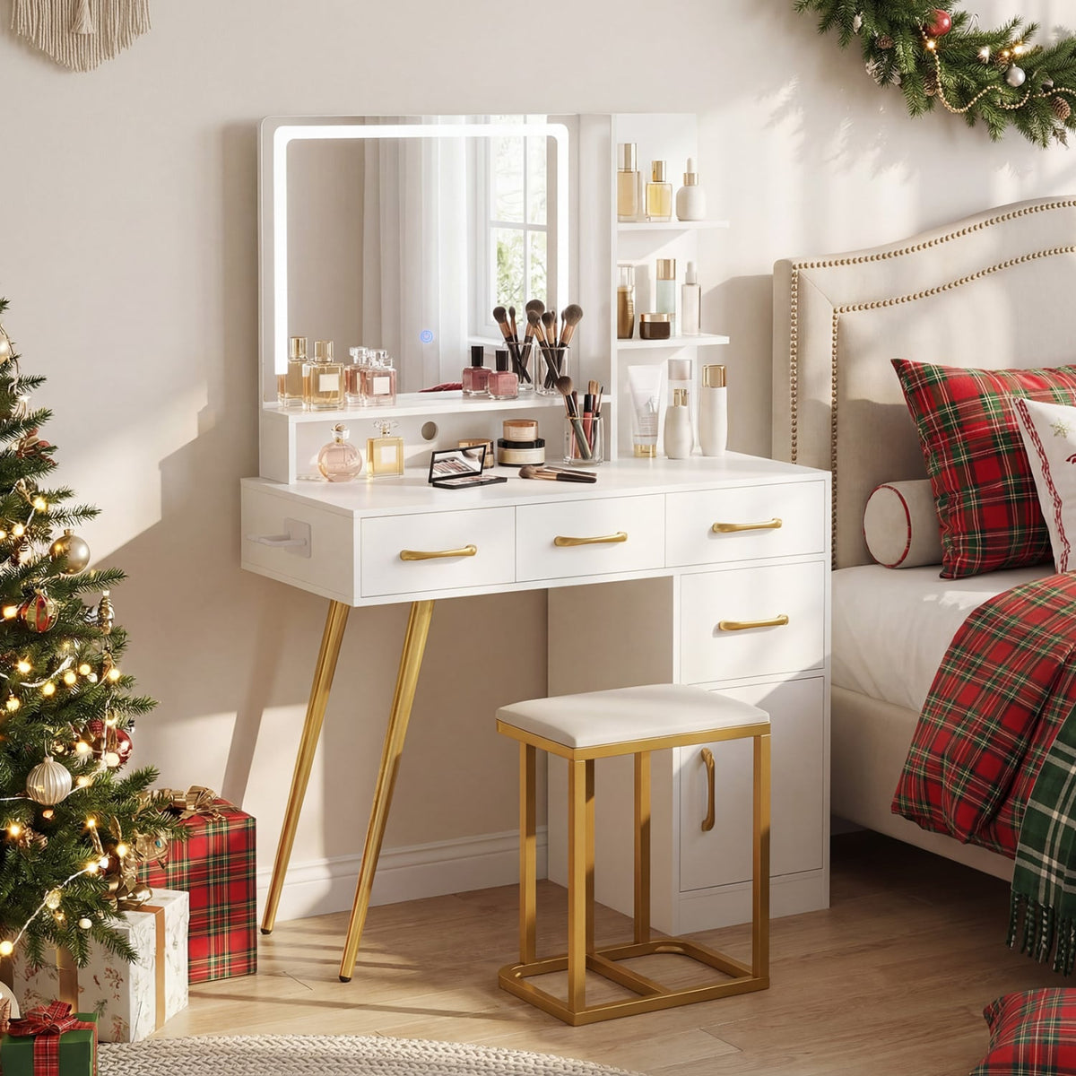Vanity Set with Mirror and Lights and Table with Adjustable Brightness-White-Makeup Vanities-DECOROLALA