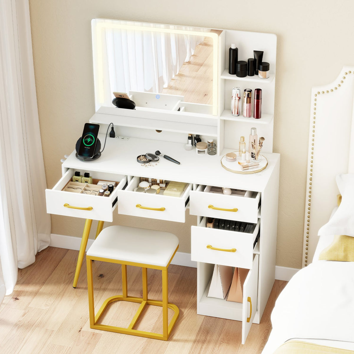 Vanity Set with Mirror and Lights and Table with Adjustable Brightness-White-Makeup Vanities-DECOROLALA