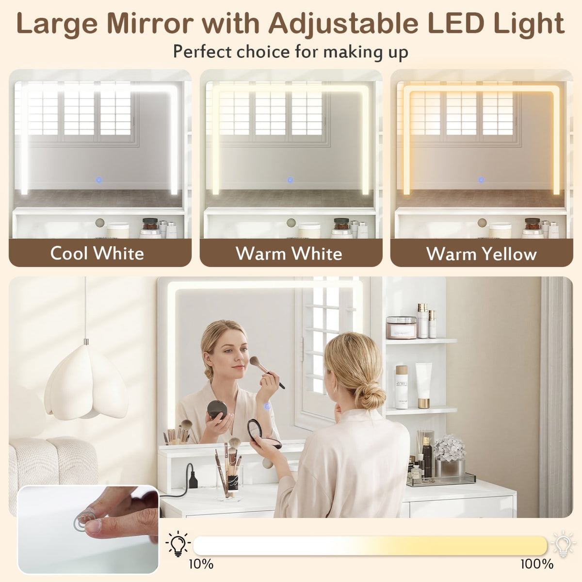 Vanity Set with Mirror and Lights and Table with Adjustable Brightness-White-Makeup Vanities-DECOROLALA