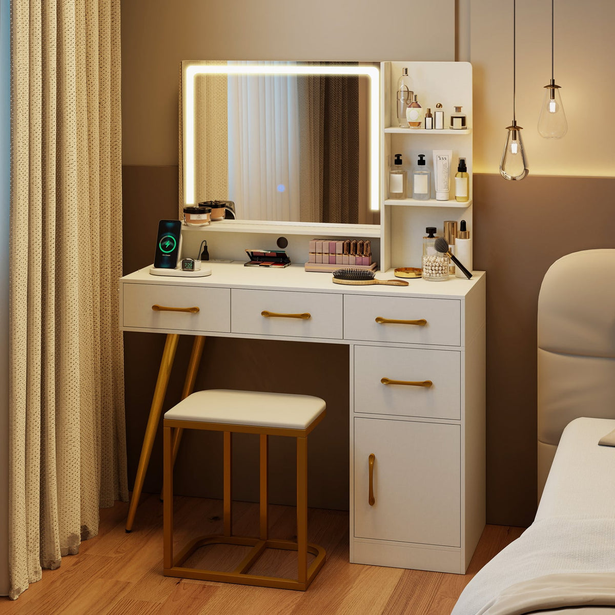 Vanity Set with Mirror and Lights and Table with Adjustable Brightness-White-Makeup Vanities-DECOROLALA