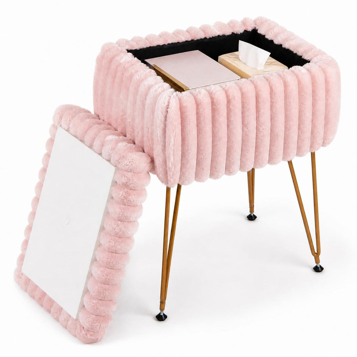 Vanity Stool with Storage and Reversible Lid Faux Fur Upholstered Ottoman-Pink-Makeup Vanities-DECOROLALA