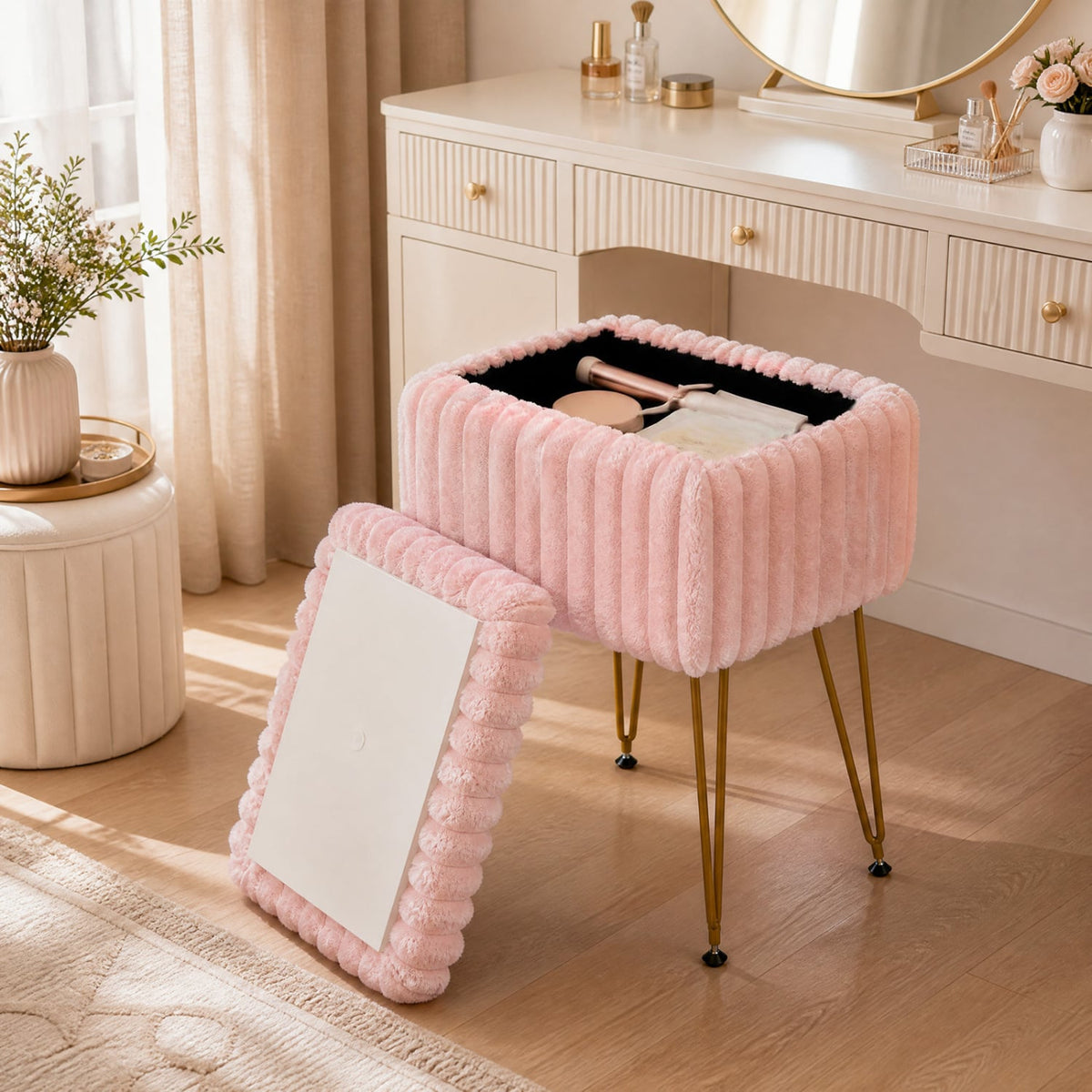 Vanity Stool with Storage and Reversible Lid Faux Fur Upholstered Ottoman-Pink-Makeup Vanities-DECOROLALA