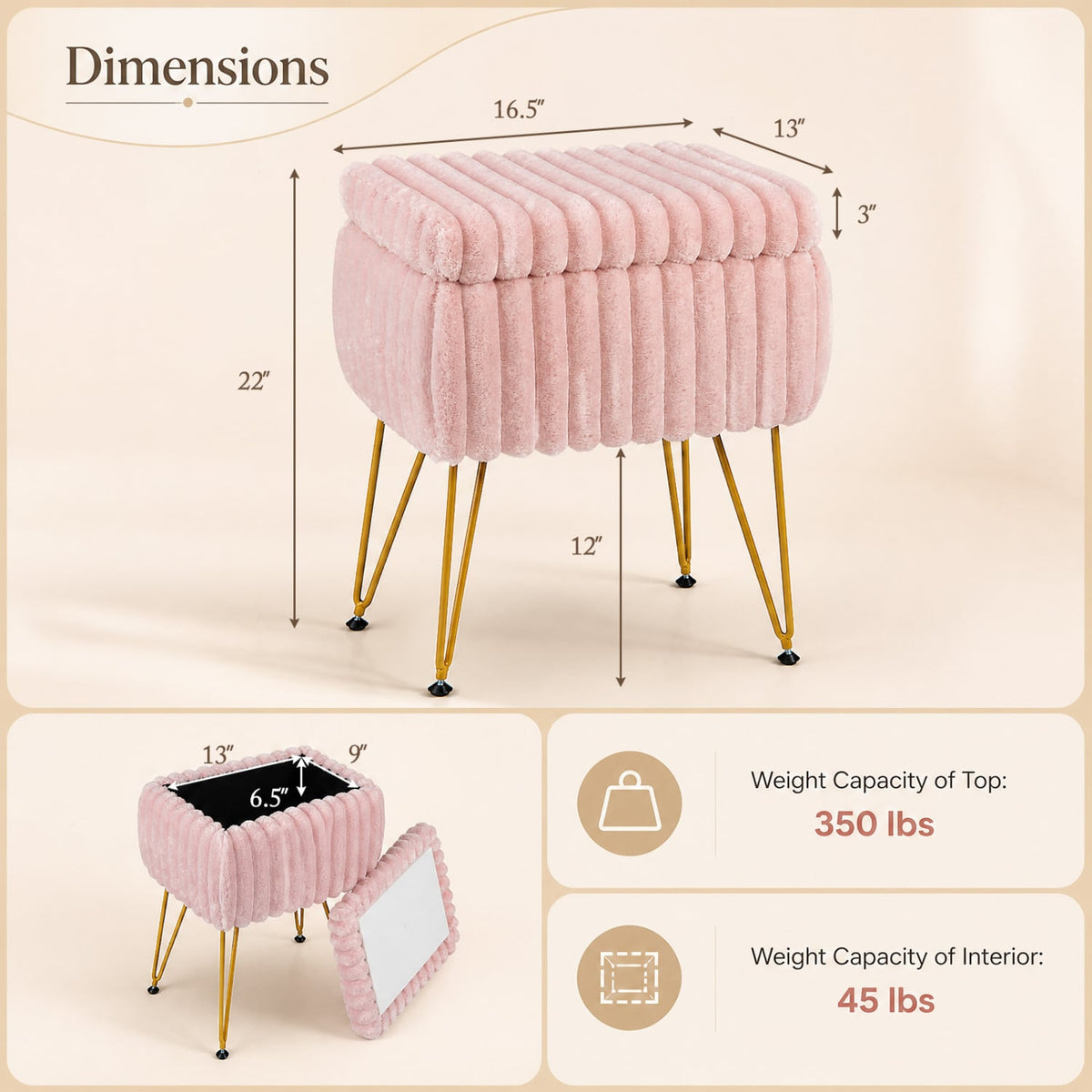 Vanity Stool with Storage and Reversible Lid Faux Fur Upholstered Ottoman-Pink-Makeup Vanities-DECOROLALA