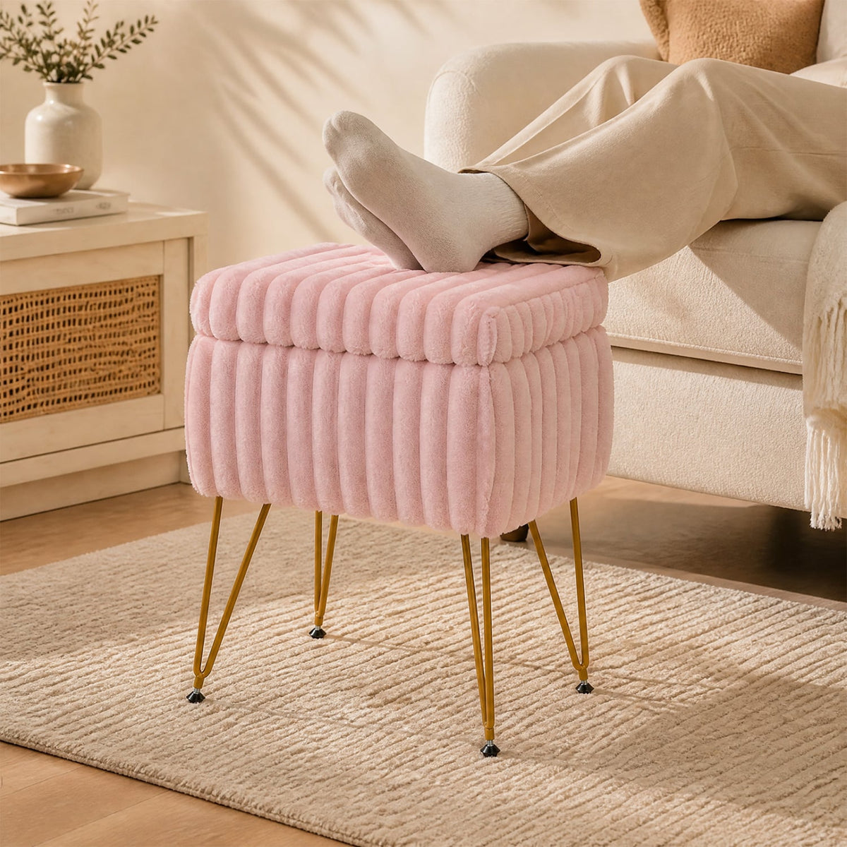 Vanity Stool with Storage and Reversible Lid Faux Fur Upholstered Ottoman-Pink-Makeup Vanities-DECOROLALA