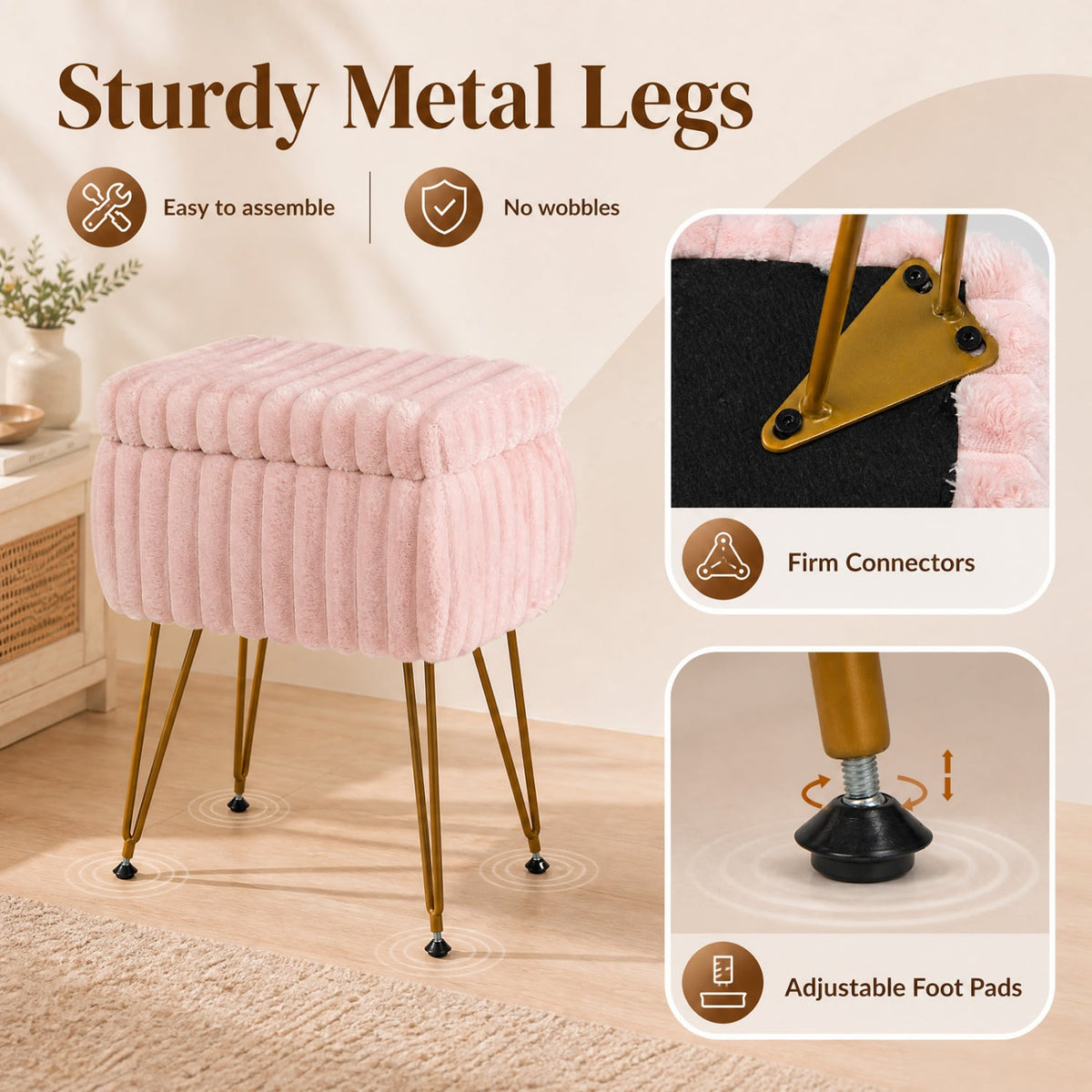 Vanity Stool with Storage and Reversible Lid Faux Fur Upholstered Ottoman-Pink-Makeup Vanities-DECOROLALA