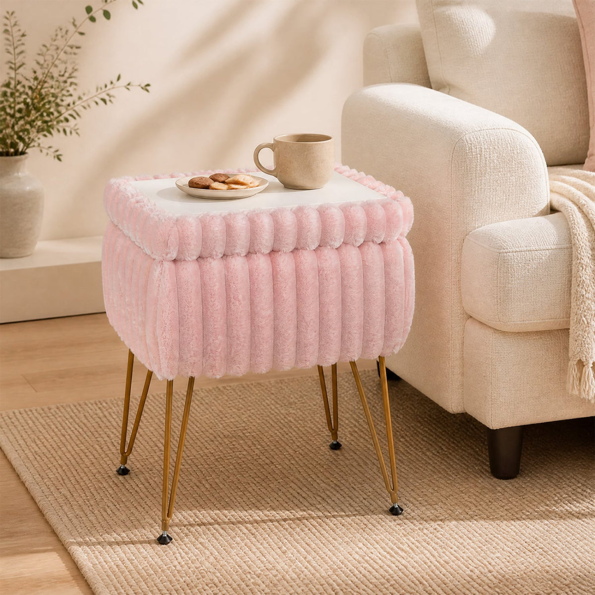 Vanity Stool with Storage and Reversible Lid Faux Fur Upholstered Ottoman-Pink-Makeup Vanities-DECOROLALA