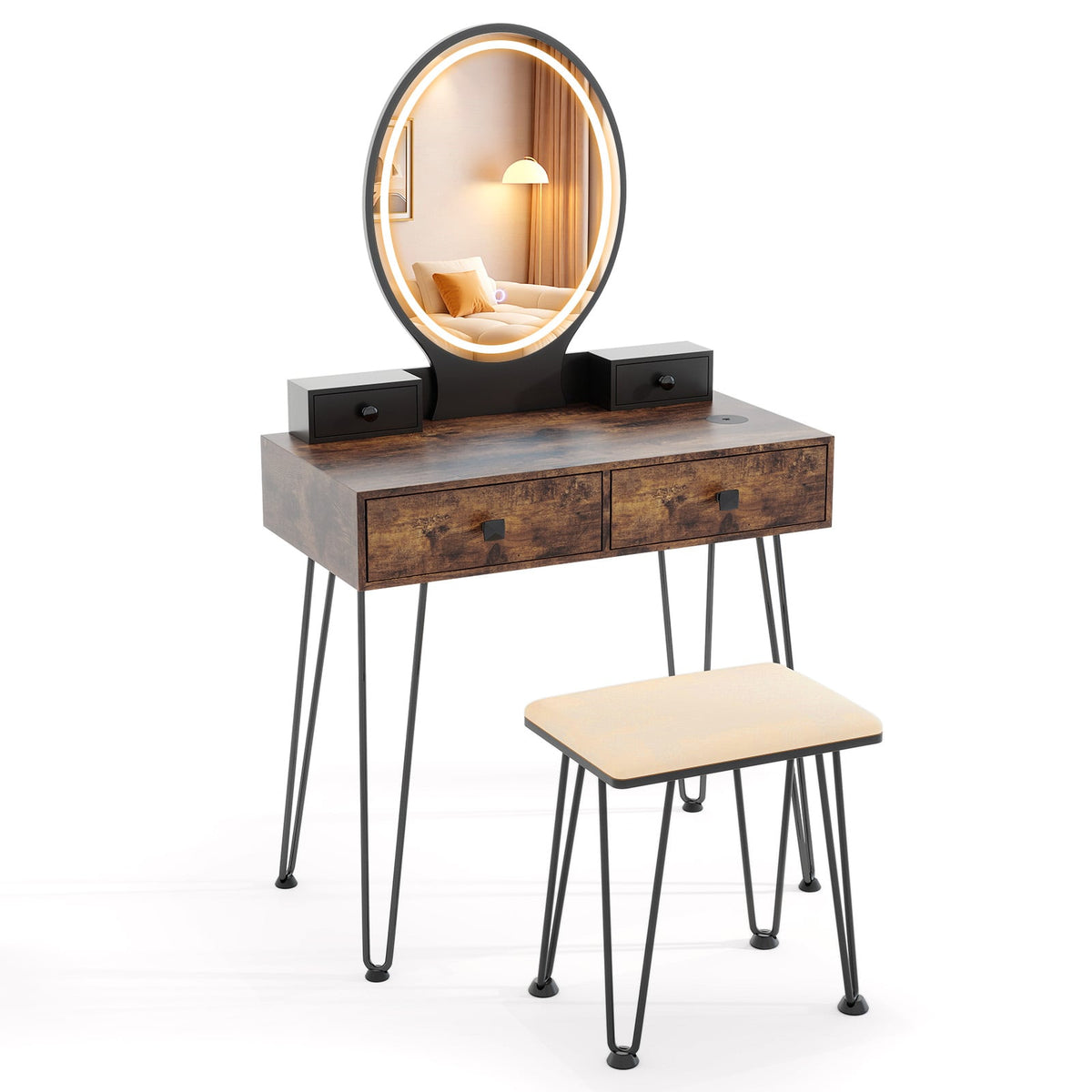 Vanity Table Set with 3-Color Lighted Dimmable Mirror-Brown-Makeup Vanities-DECOROLALA
