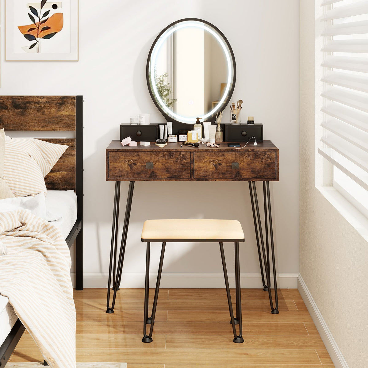 Vanity Table Set with 3-Color Lighted Dimmable Mirror-Brown-Makeup Vanities-DECOROLALA