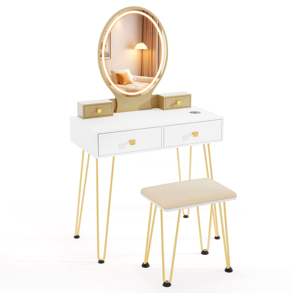 Vanity Table Set with 3-Color Lighted Dimmable Mirror-White-Makeup Vanities-DECOROLALA