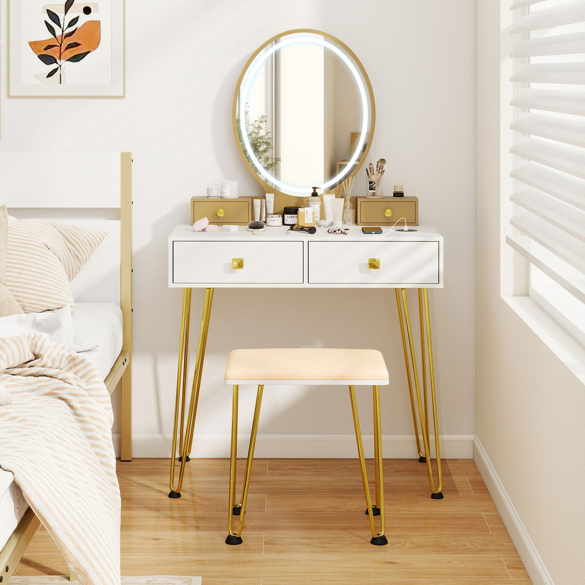 Vanity Table Set with 3-Color Lighted Dimmable Mirror-White-Makeup Vanities-DECOROLALA