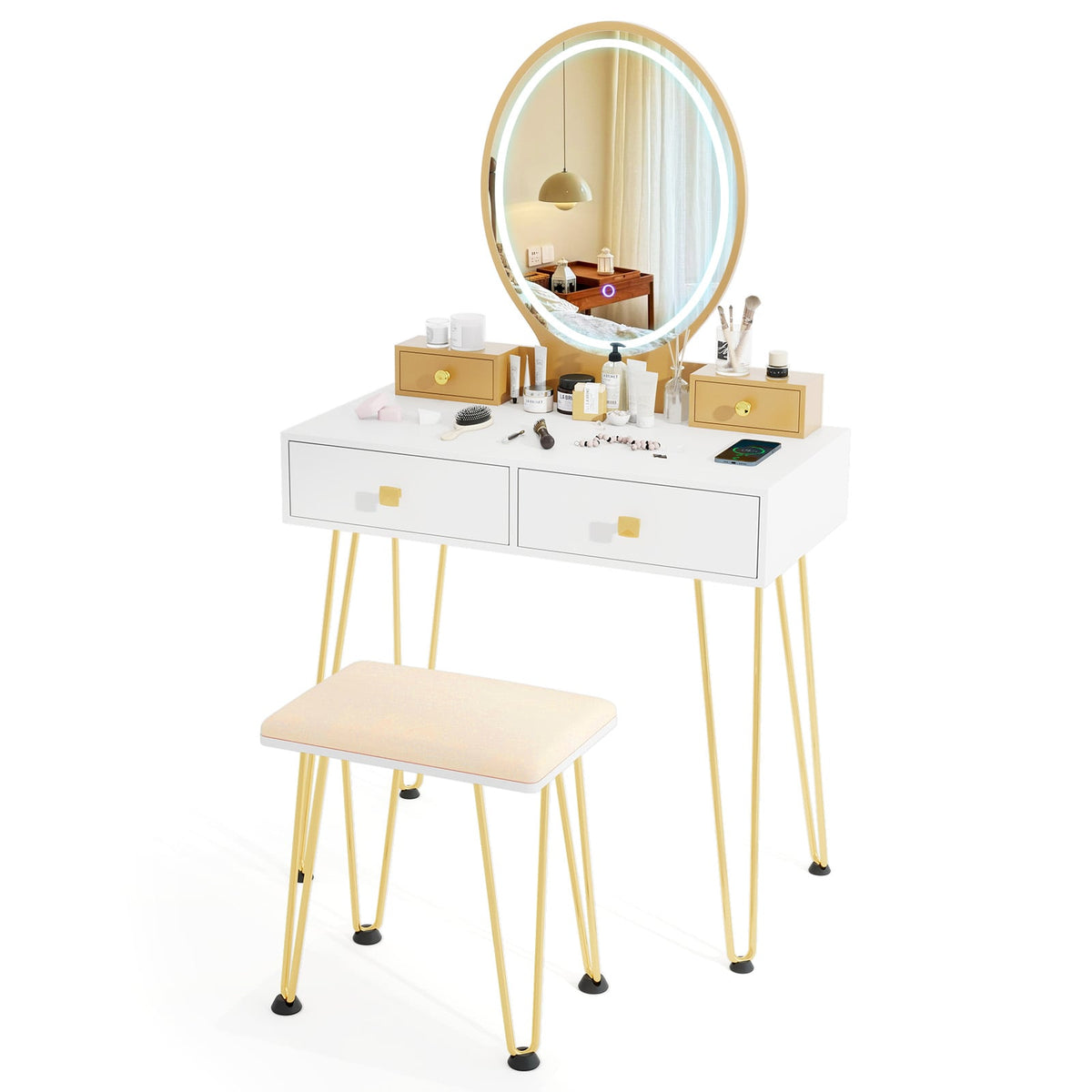Vanity Table Set with 3-Color Lighted Dimmable Mirror-White-Makeup Vanities-DECOROLALA