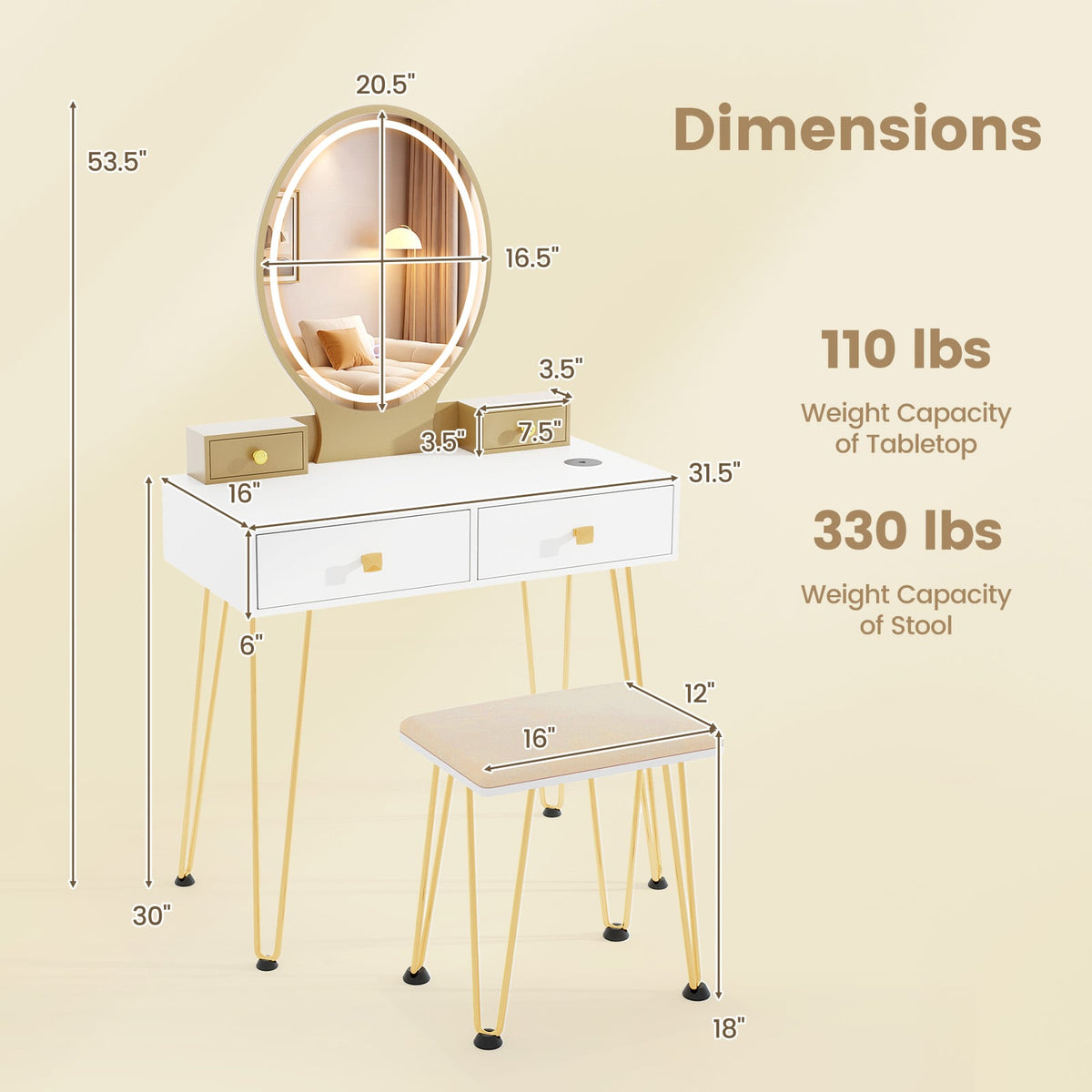 Vanity Table Set with 3-Color Lighted Dimmable Mirror-White-Makeup Vanities-DECOROLALA