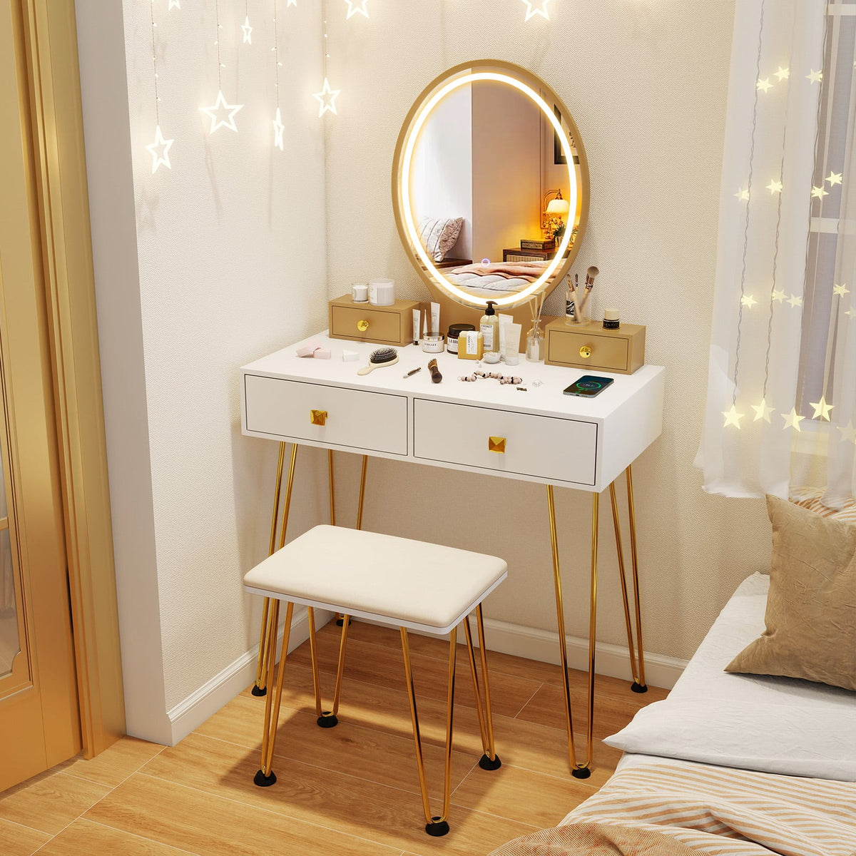 Vanity Table Set with 3-Color Lighted Dimmable Mirror-White-Makeup Vanities-DECOROLALA