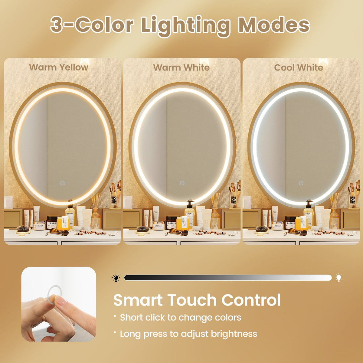 Vanity Table Set with 3-Color Lighted Dimmable Mirror-White-Makeup Vanities-DECOROLALA