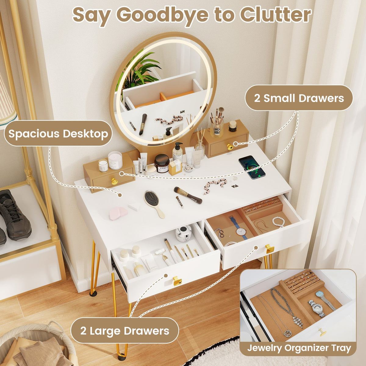 Vanity Table Set with 3-Color Lighted Dimmable Mirror-White-Makeup Vanities-DECOROLALA